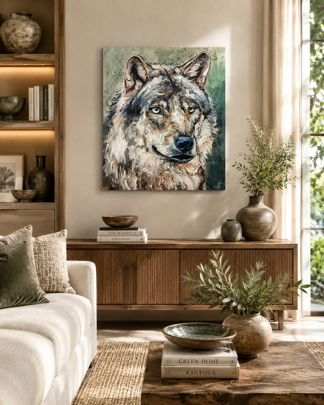 Wolf Tierportrait hellgrün – handgemaltes Acrylgemälde, originale Tierbilder Kunst