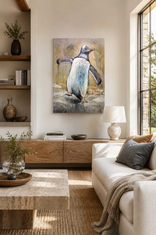 Laufender Pinguin Tierportrait – handgemaltes Acrylgemälde, Tierbilder Kunst kaufen