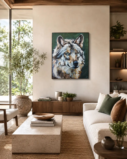 Wolf Tierportrait grün – handgemaltes Acrylgemälde, moderne Tierbilder Kunst kaufen