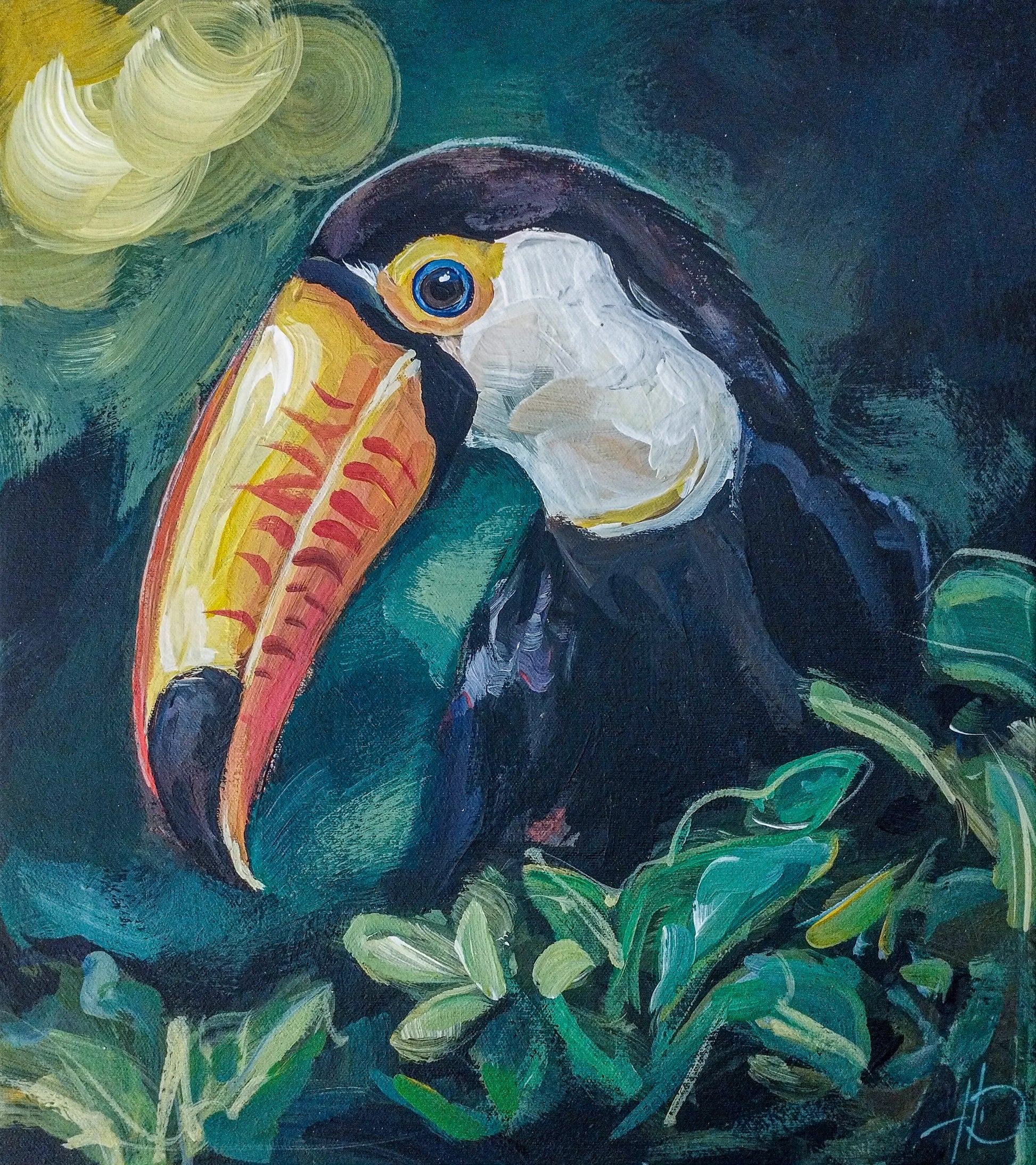Handgemaltes Tukan Acrylgemälde 36×40 cm – Gelb-Orange-Schnabel vor dunkelgrünem Petrol-Grund
