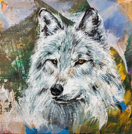 Gemälde Wolf – handgemaltes Original Acrylbild (10 x 10 cm)