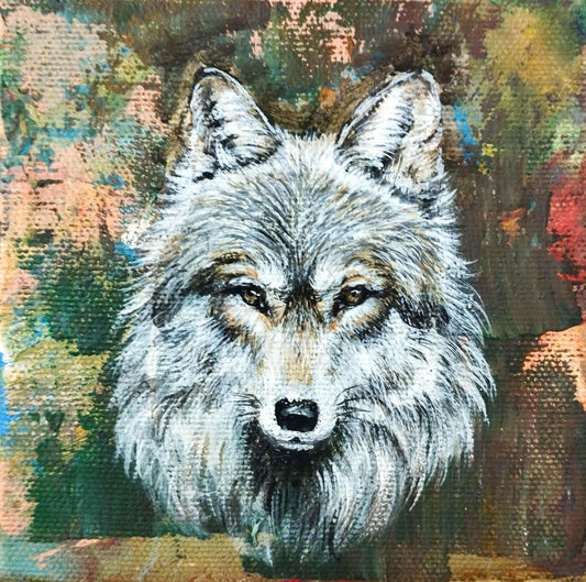 Gemälde grauer Wolf – handgemaltes Original Acrylbild (10 x 10 cm)