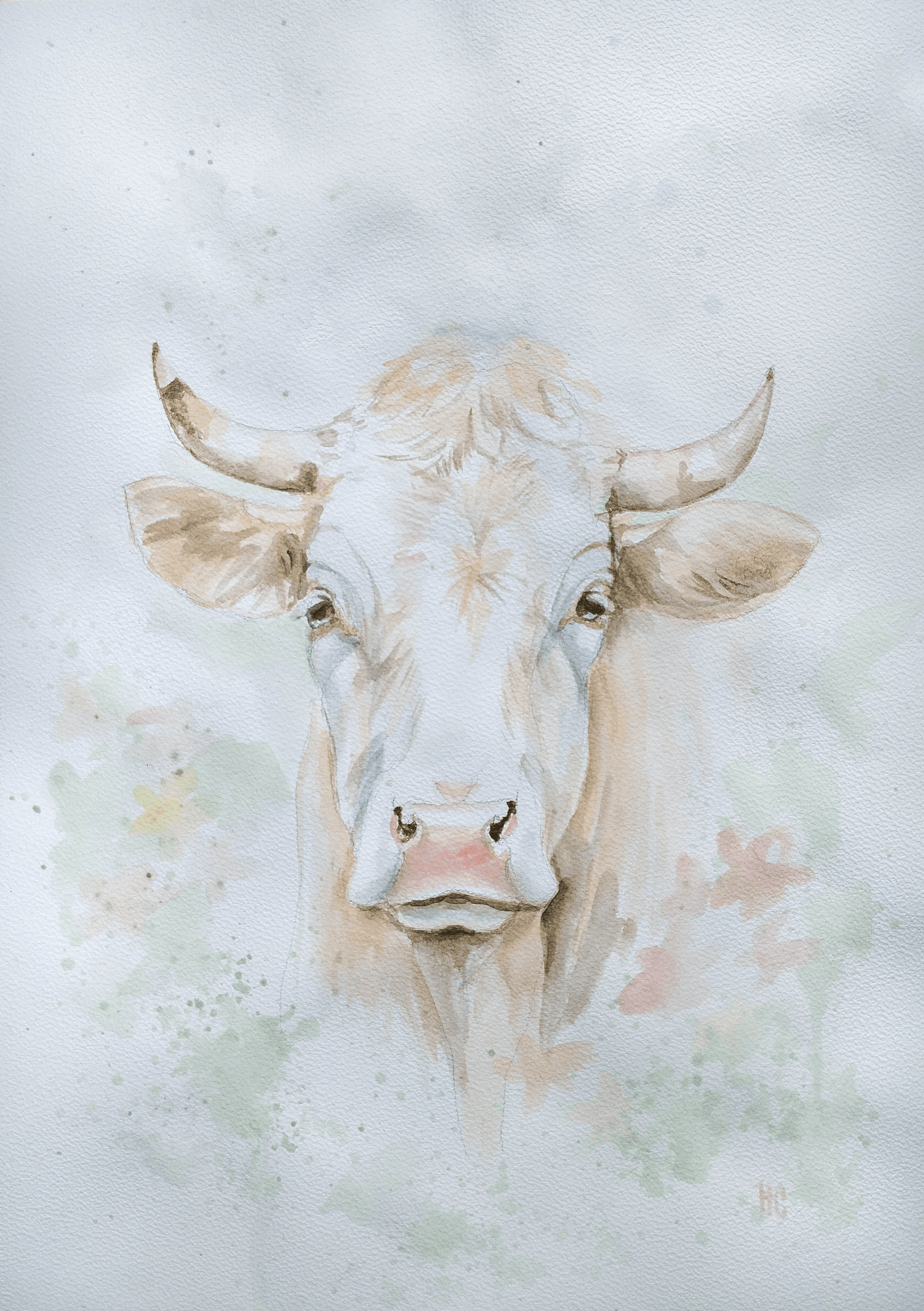 Heinz Acrylbild Aquarellbild Kuh mit Blumen (30 × 40 cm)