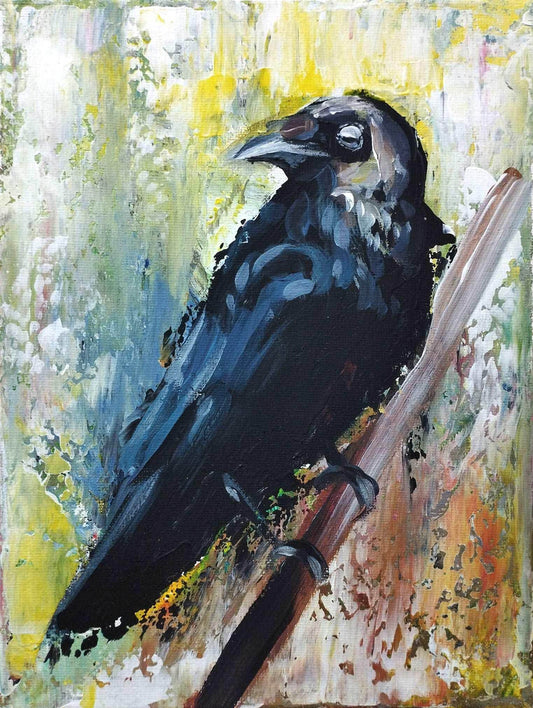 Gemälde schwarze Rabe Original Acrylbild (18 x 24 cm)