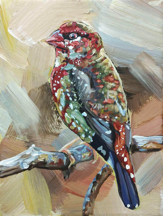 Gemälde Erdbeerfink – handgemaltes Original Acrylbild (18 x 24 cm) - H1Z Art
