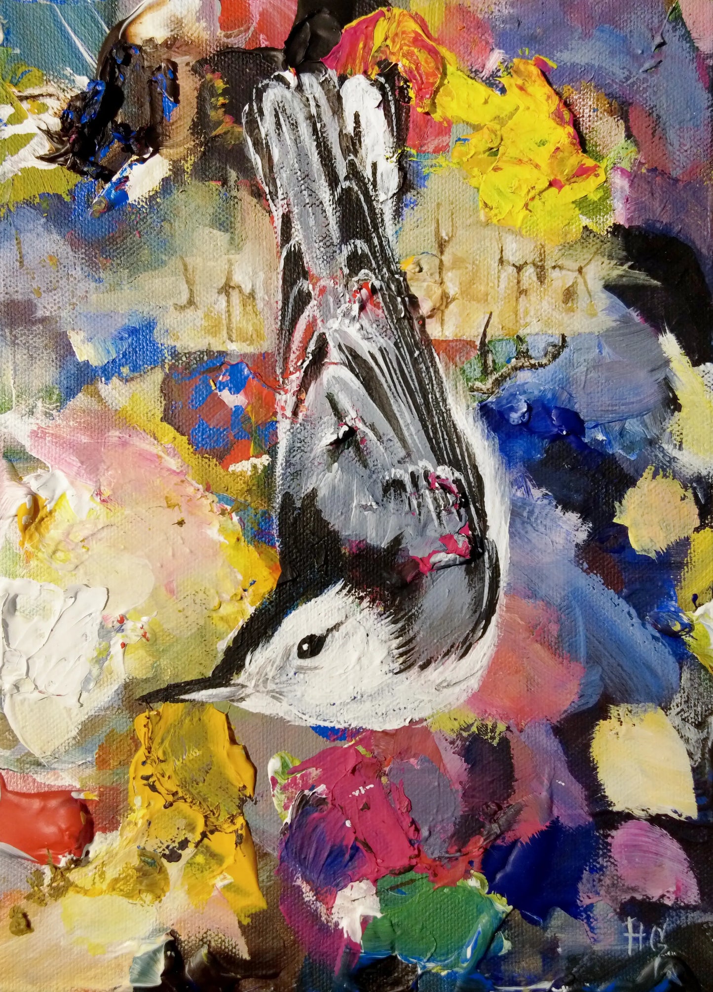 Bunter Vogel Acrylbild auf Leinwand, explodierende Farben, modernes Tierportrait für Wohnzimmer