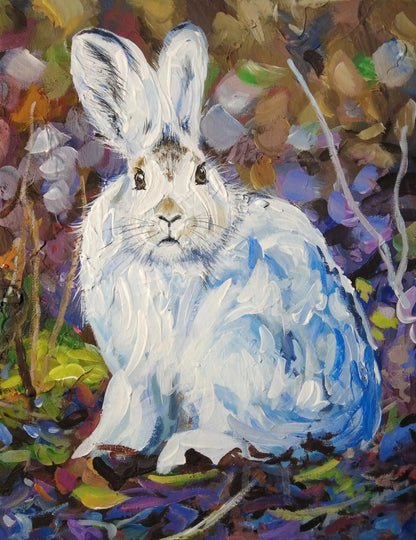 Handgemaltes Schneehase Acrylgemälde 30×40 cm – weißes Fell, dunkler Wald, ruhiges Tierportrait