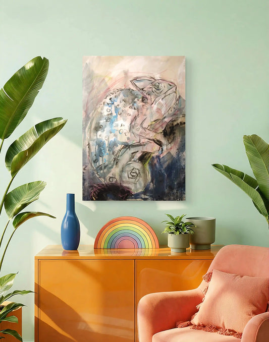 Handgemaltes Chamäleon Acrylbild auf Leinwand, farbenfrohes Tierportrait als moderne Wanddeko fürs Wohnzimmer.