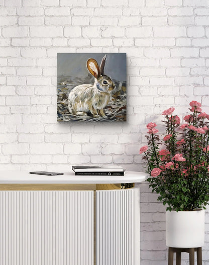 Feldhase in Bewegung, Acrylbild auf Leinwand, dynamisches Tierportrait als natürliche Wanddekoration.