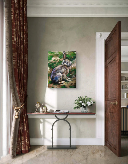 Handgemaltes Hase Acrylbild auf Leinwand, seitlicher Blick, moderne Deko für Kommode oder Flur.