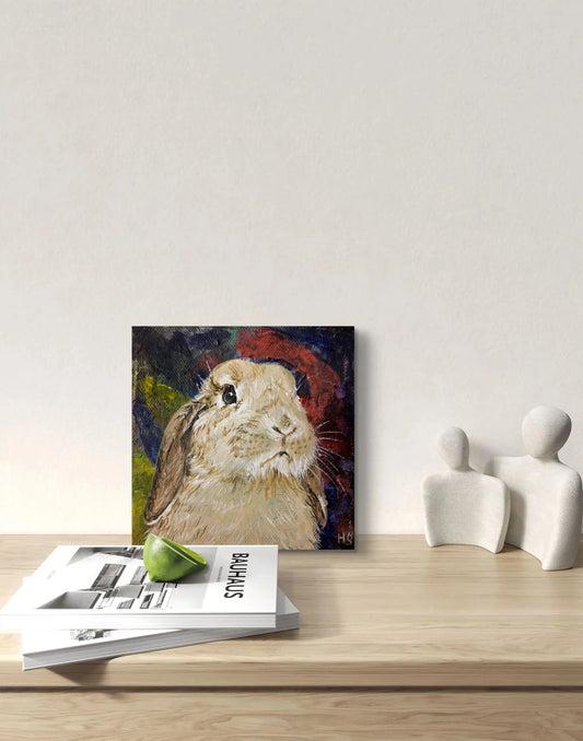 Rundes Kaninchen Acrylbild auf Leinwand, zartes handgemaltes Tierportrait für Kinderzimmer oder Küche.