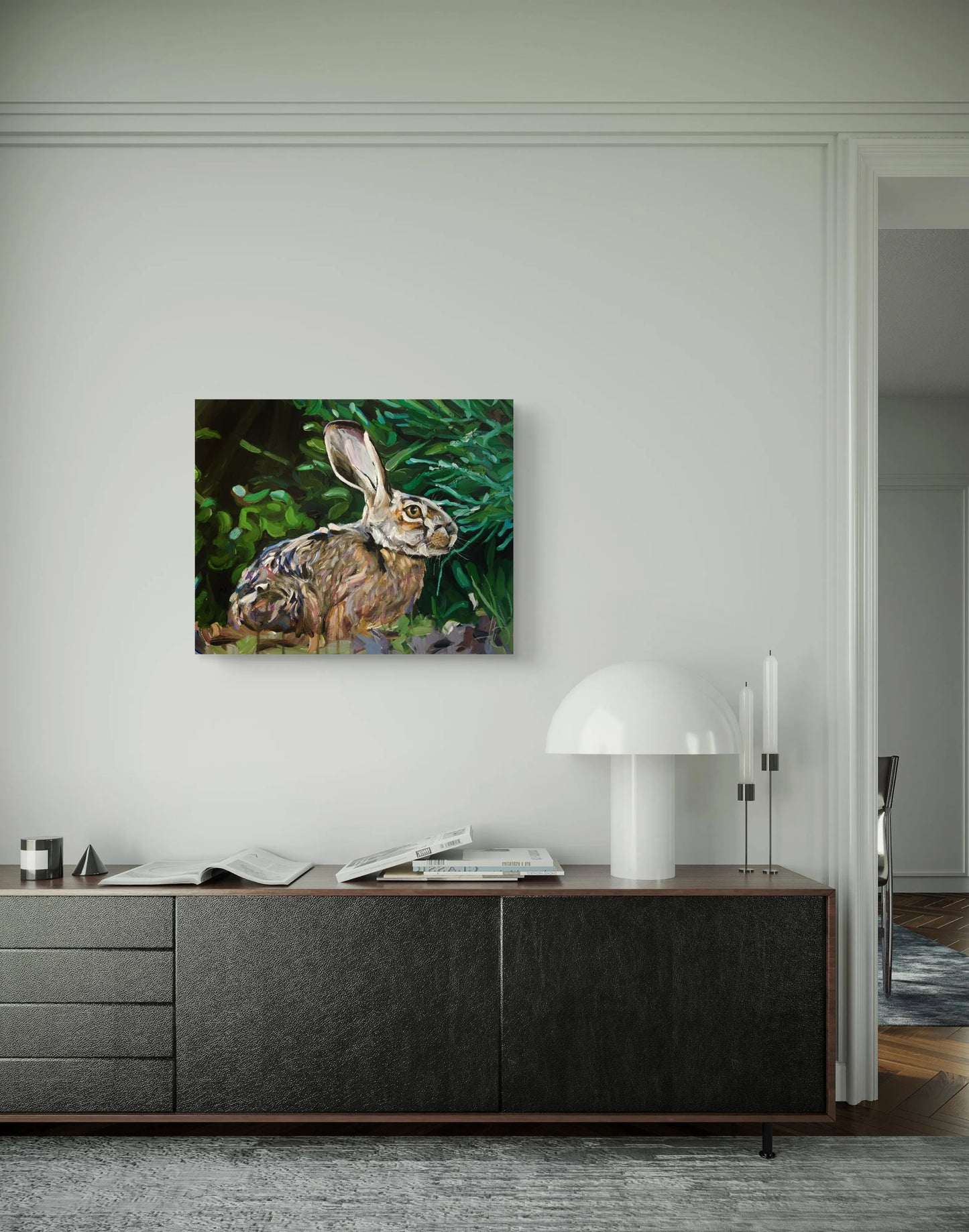 Hase vor dunklem Hintergrund, Acrylbild auf Leinwand, elegante Wandkunst für Wohnzimmer oder Büro.
