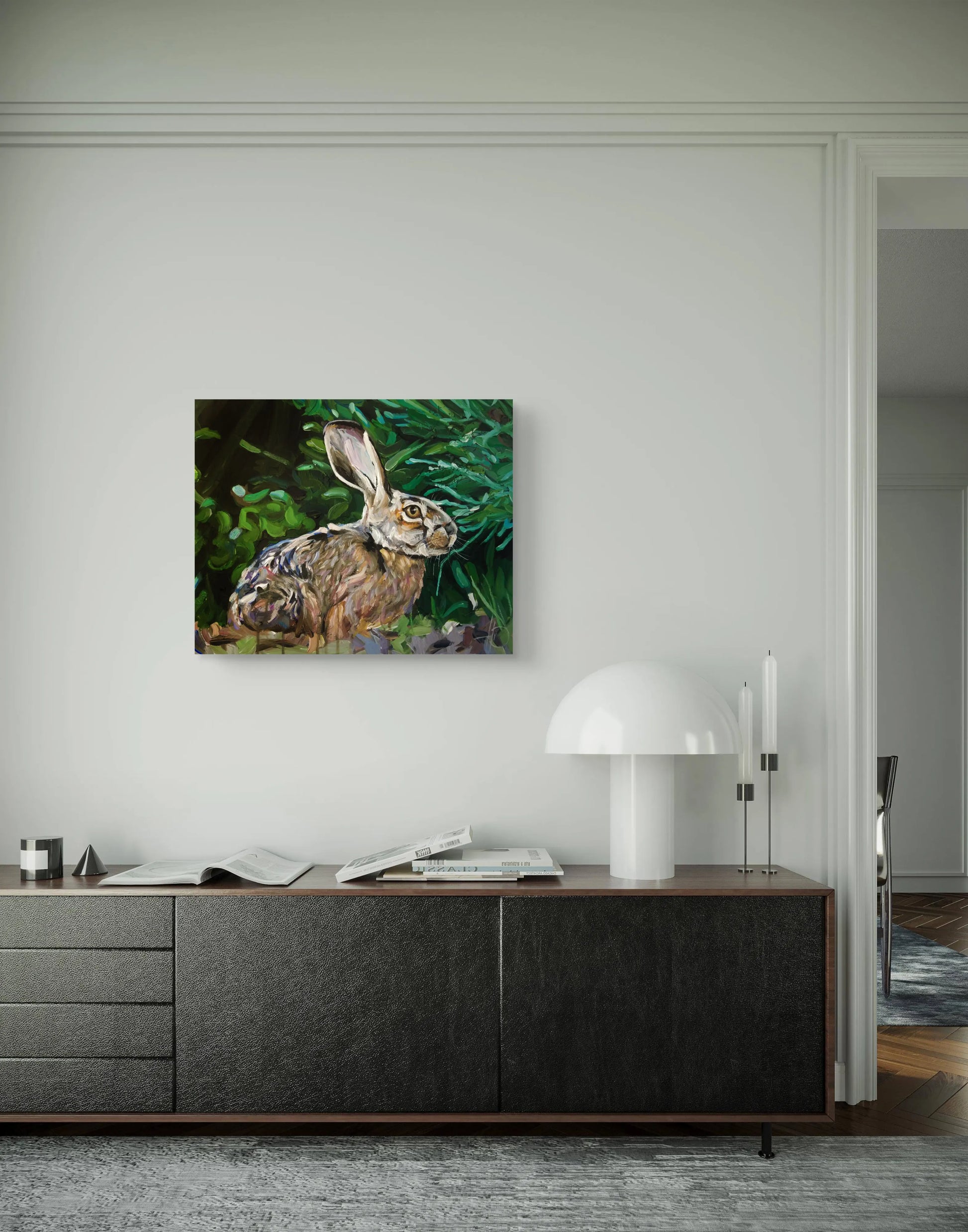 Hase vor dunklem Hintergrund, Acrylbild auf Leinwand, elegante Wandkunst für Wohnzimmer oder Büro.
