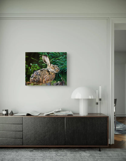 Hase vor dunklem Hintergrund, Acrylbild auf Leinwand, elegante Wandkunst für Wohnzimmer oder Büro.