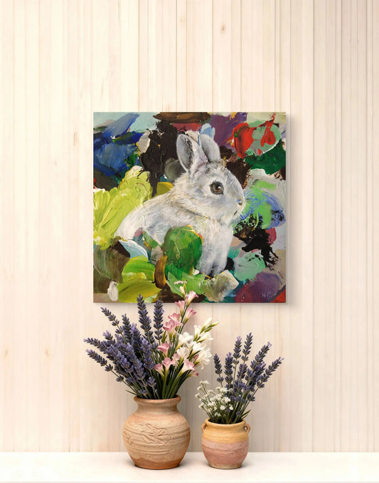 Kleines Hase Acrylbild auf Leinwand, sanfte Farben und stille Stimmung für Regal oder Schlafzimmer.