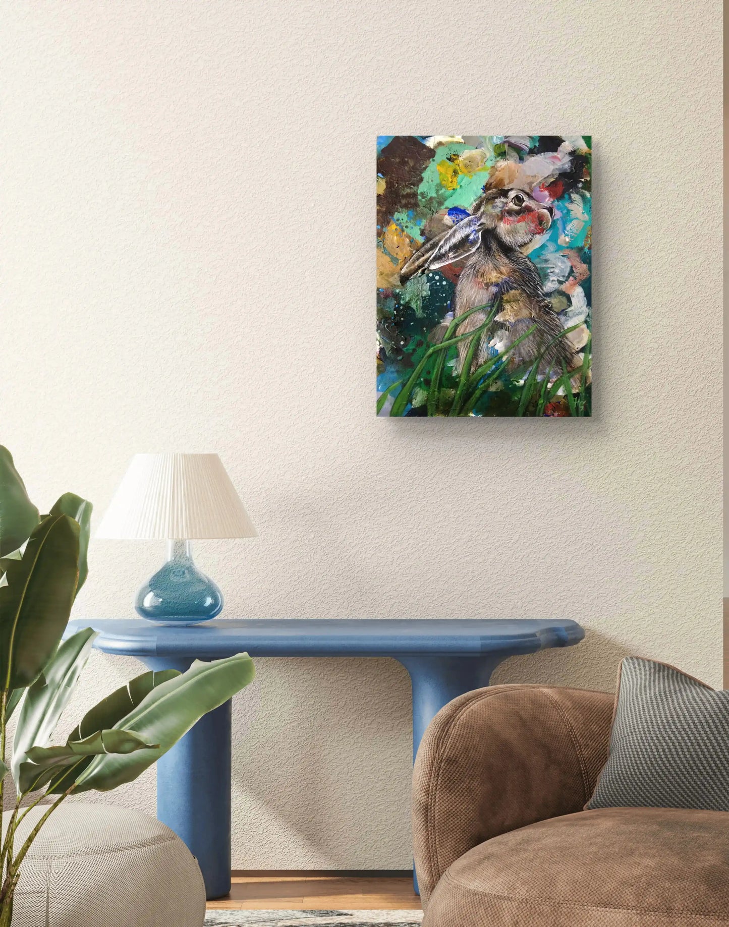 Bunter Hase Acrylbild auf Leinwand, energievolles Tierportrait als farbenfrohe Wanddeko fürs Wohnzimmer.