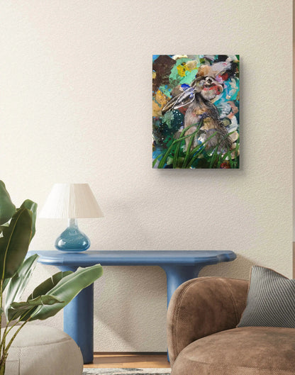 Bunter Hase Acrylbild auf Leinwand, energievolles Tierportrait als farbenfrohe Wanddeko fürs Wohnzimmer.