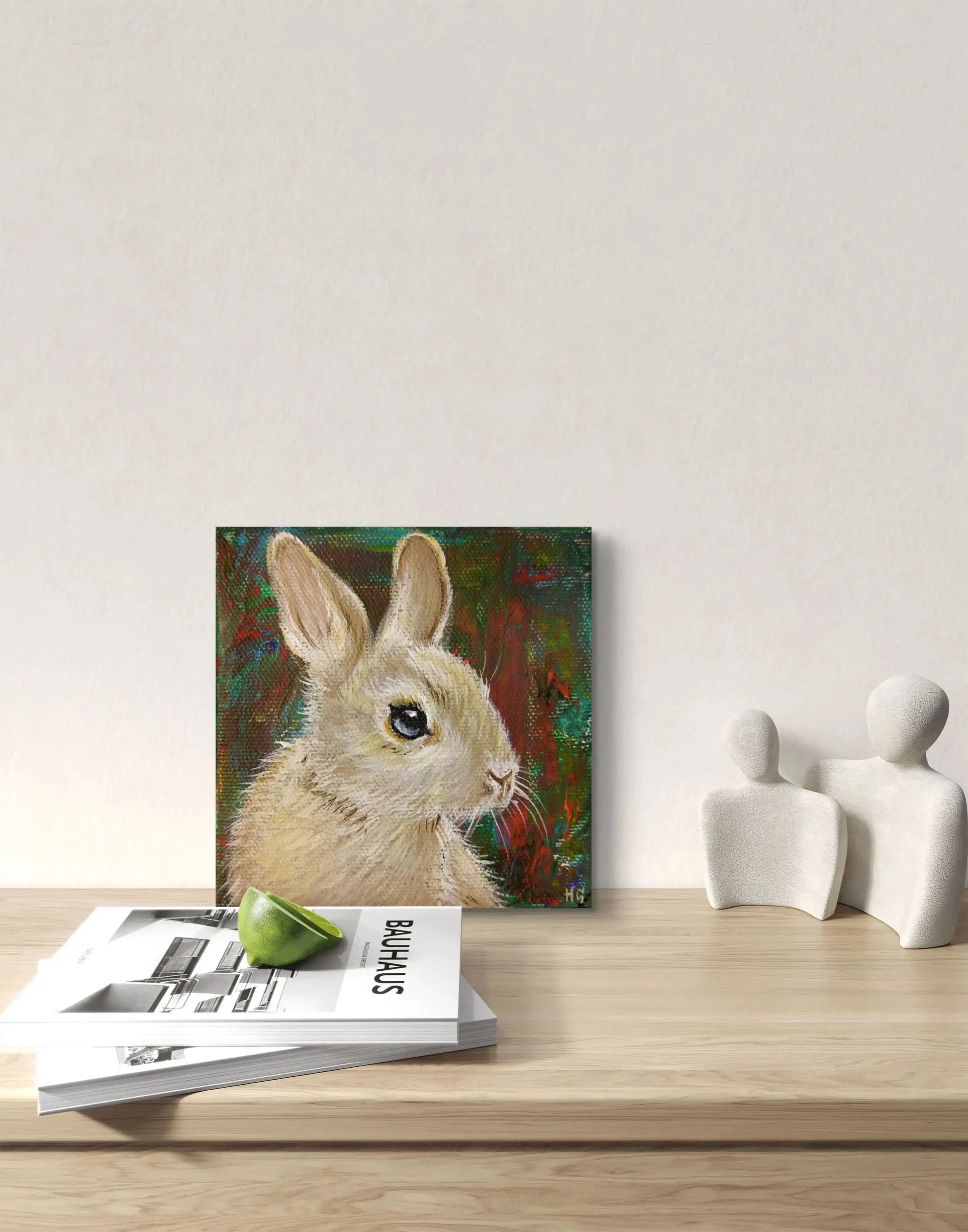 Handgemaltes Hase Acrylbild auf Leinwand, direkt blickend, kleines Tierportrait für Kommode oder Flur.