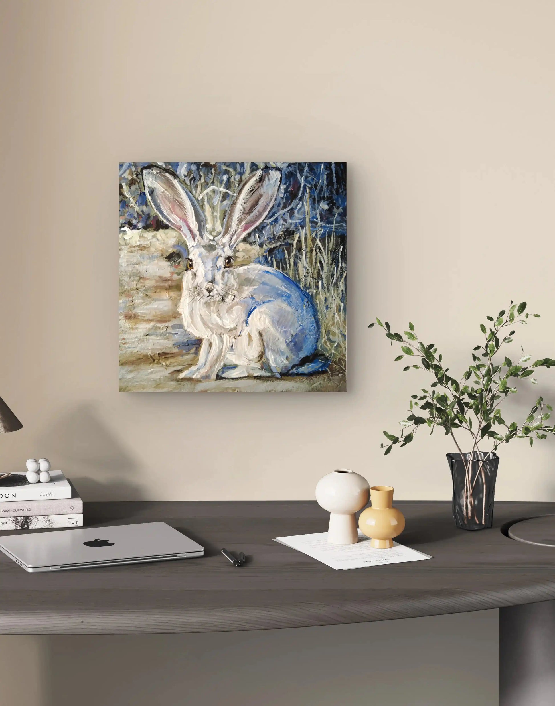 Handgemaltes Feldhase Acrylgemälde 30×30 cm – heller Hintergrund, minimalistisches Tierporträt