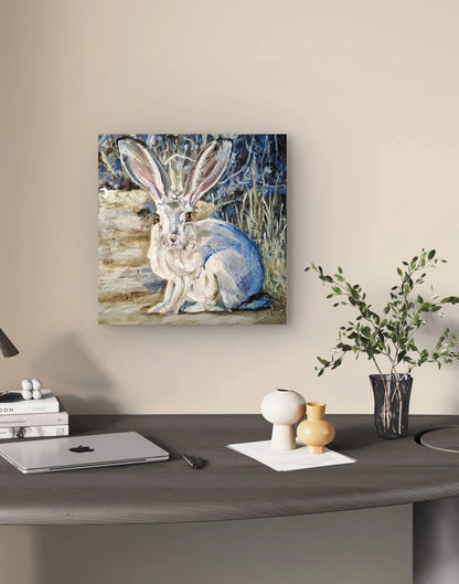 Handgemaltes Feldhase Acrylgemälde 30×30 cm – heller Hintergrund, minimalistisches Tierporträt