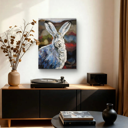 Handgemaltes Hase Acrylbild auf Leinwand mit sanften Farbakzenten, moderne Deko fürs Wohnzimmer.