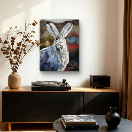 Handgemaltes Hase Acrylbild auf Leinwand mit sanften Farbakzenten, moderne Deko fürs Wohnzimmer.