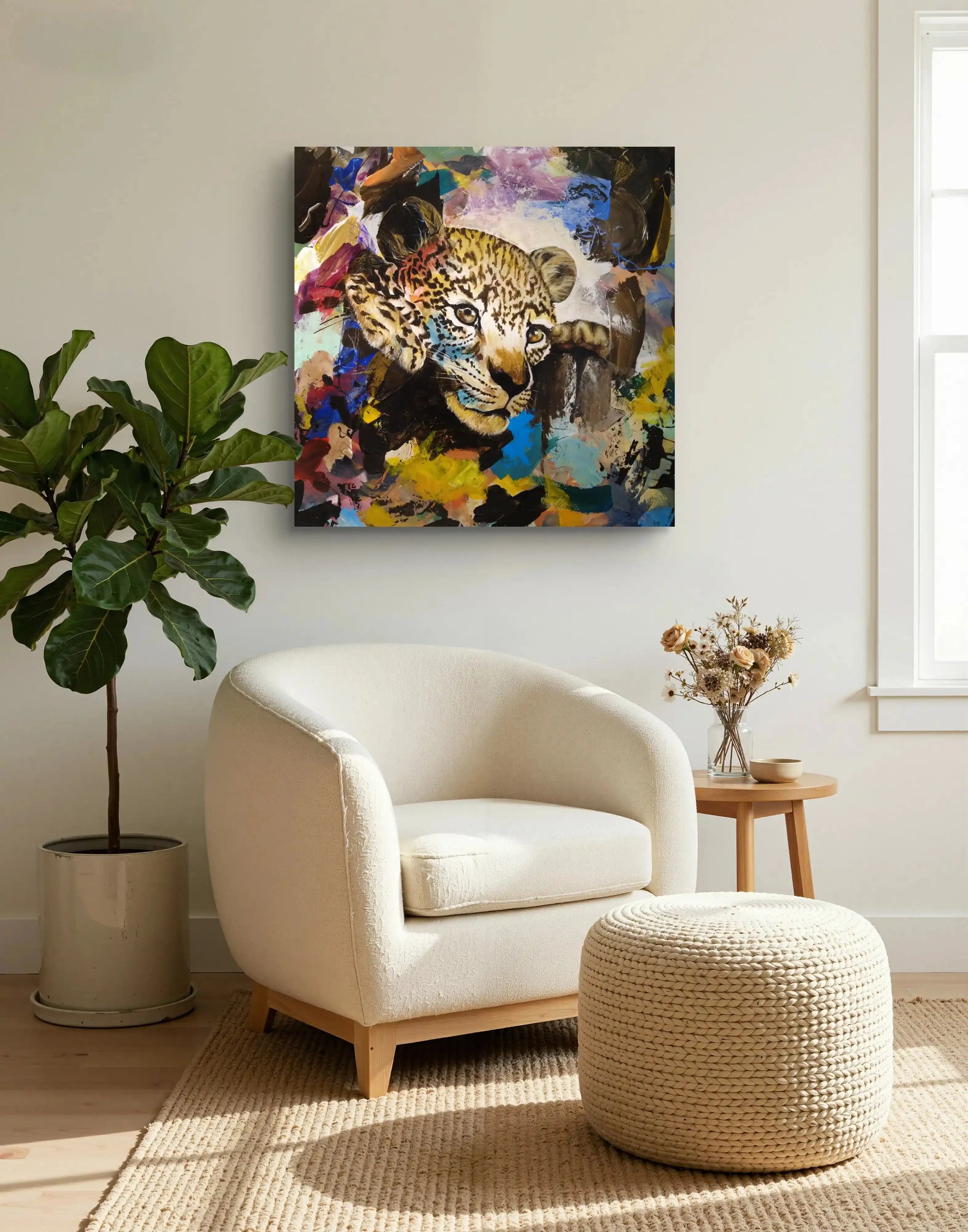 Leopard Acrylbild auf Leinwand mit explosivem Hintergrund, elegantes Tierportrait für moderne Räume.