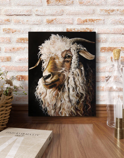 Schafziege Acrylbild auf Leinwand, dunkler Hintergrund, modernes Tierportrait für Arbeitszimmer oder Flur.