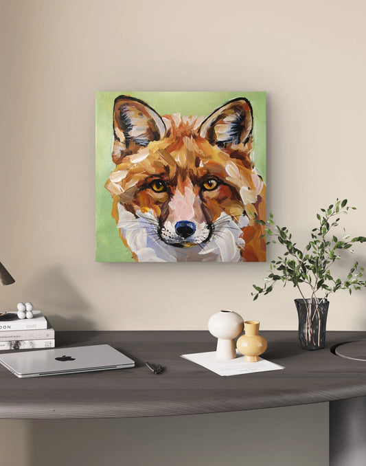 Warmer Fuchs Acrylbild auf Leinwand, handgemaltes Tierportrait als stilvolle Kunst fürs Wohnzimmer.