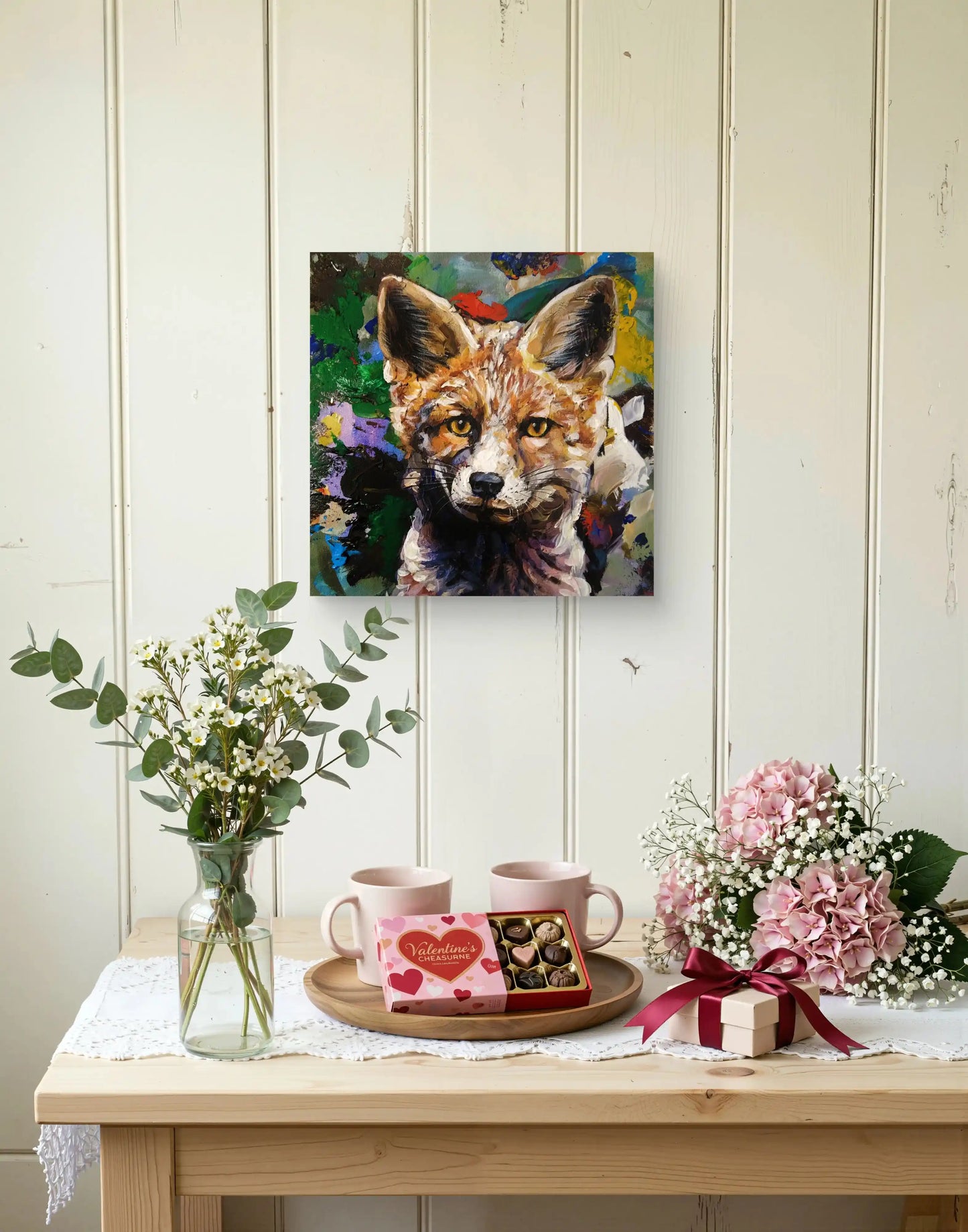 Handgemaltes Fuchs Acrylgemälde 30×30 cm – präzises Gesicht, expressiver Blütenhintergrund