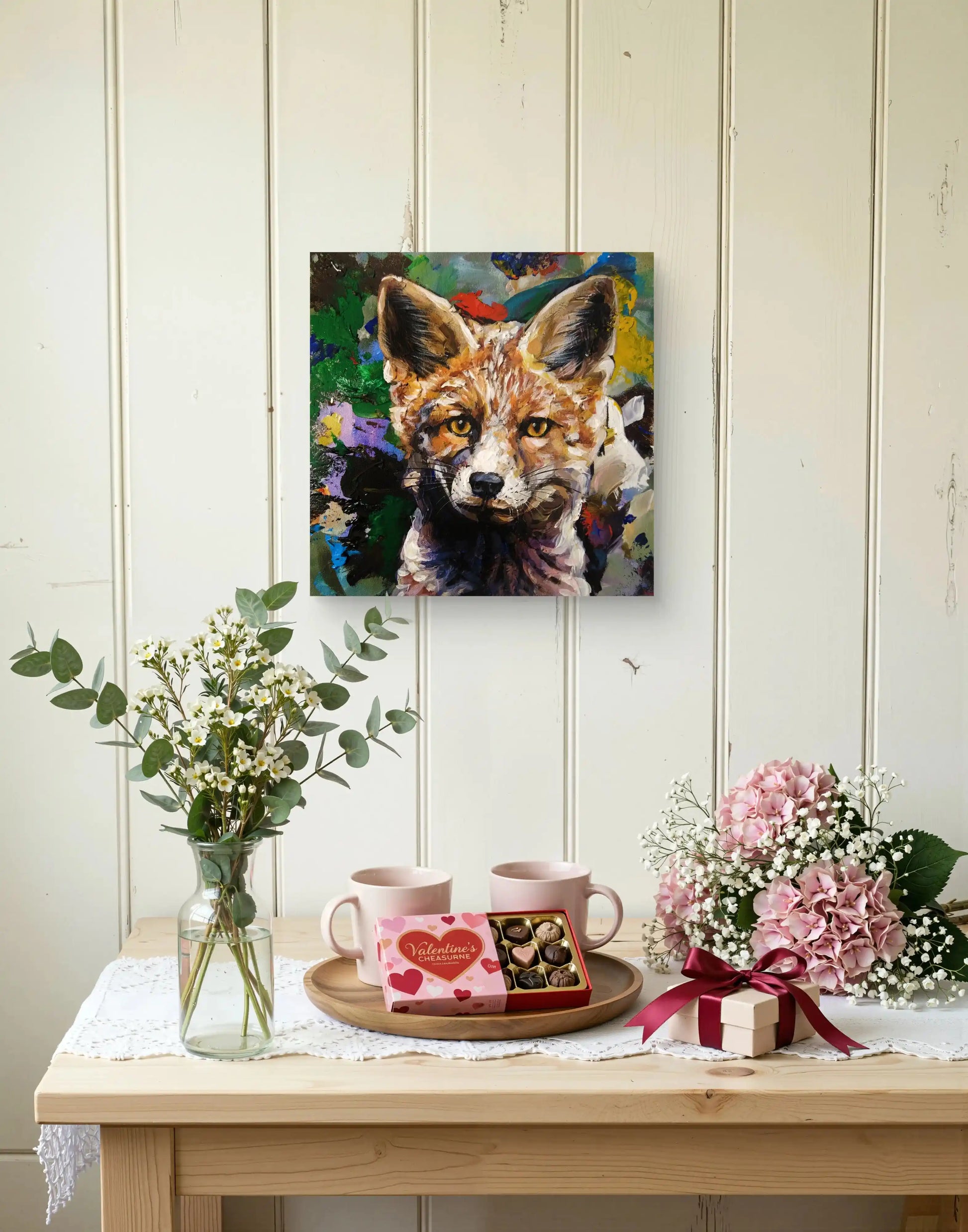Handgemaltes Fuchs Acrylgemälde 30×30 cm – präzises Gesicht, expressiver Blütenhintergrund
