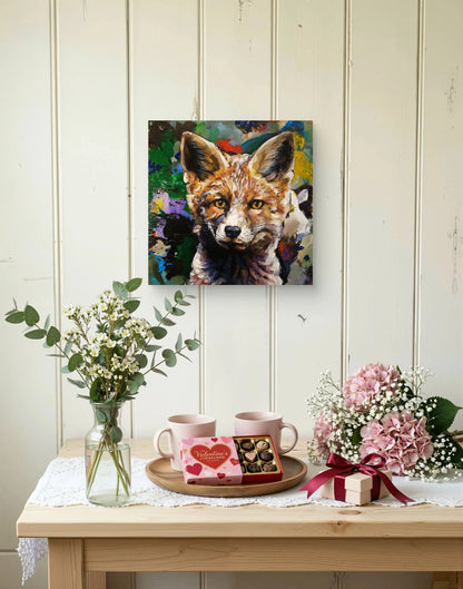 Handgemaltes Fuchs Acrylgemälde 30×30 cm – präzises Gesicht, expressiver Blütenhintergrund
