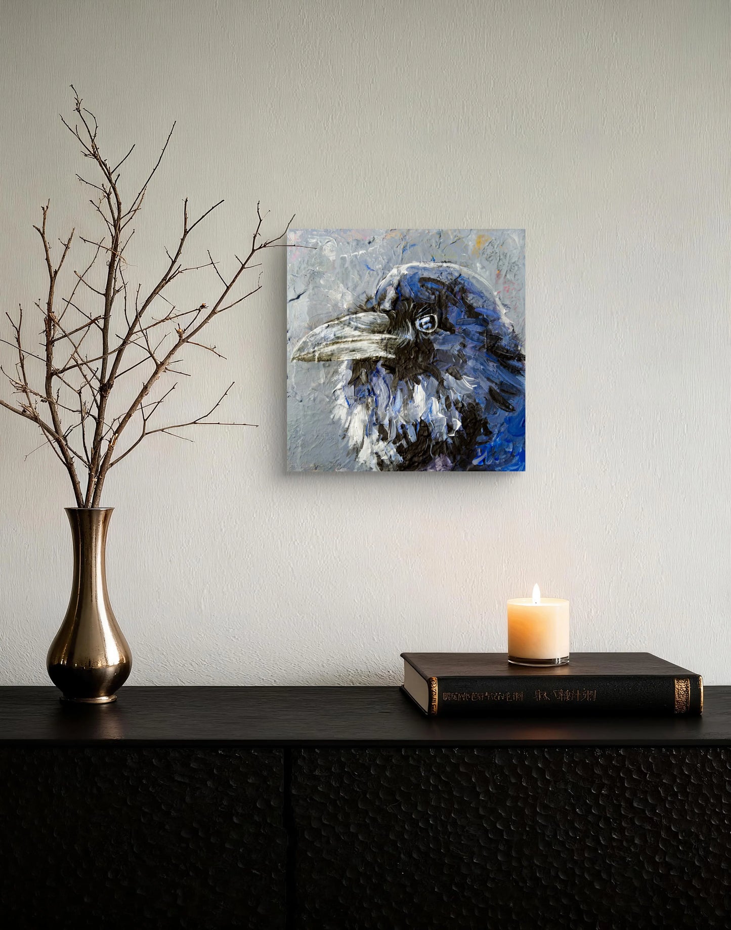 Dunkle Krähe Acrylbild auf Leinwand, handgemalte Vogelkunst mit Blautönen für Flur oder Arbeitszimmer.