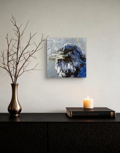 Dunkle Krähe Acrylbild auf Leinwand, handgemalte Vogelkunst mit Blautönen für Flur oder Arbeitszimmer.