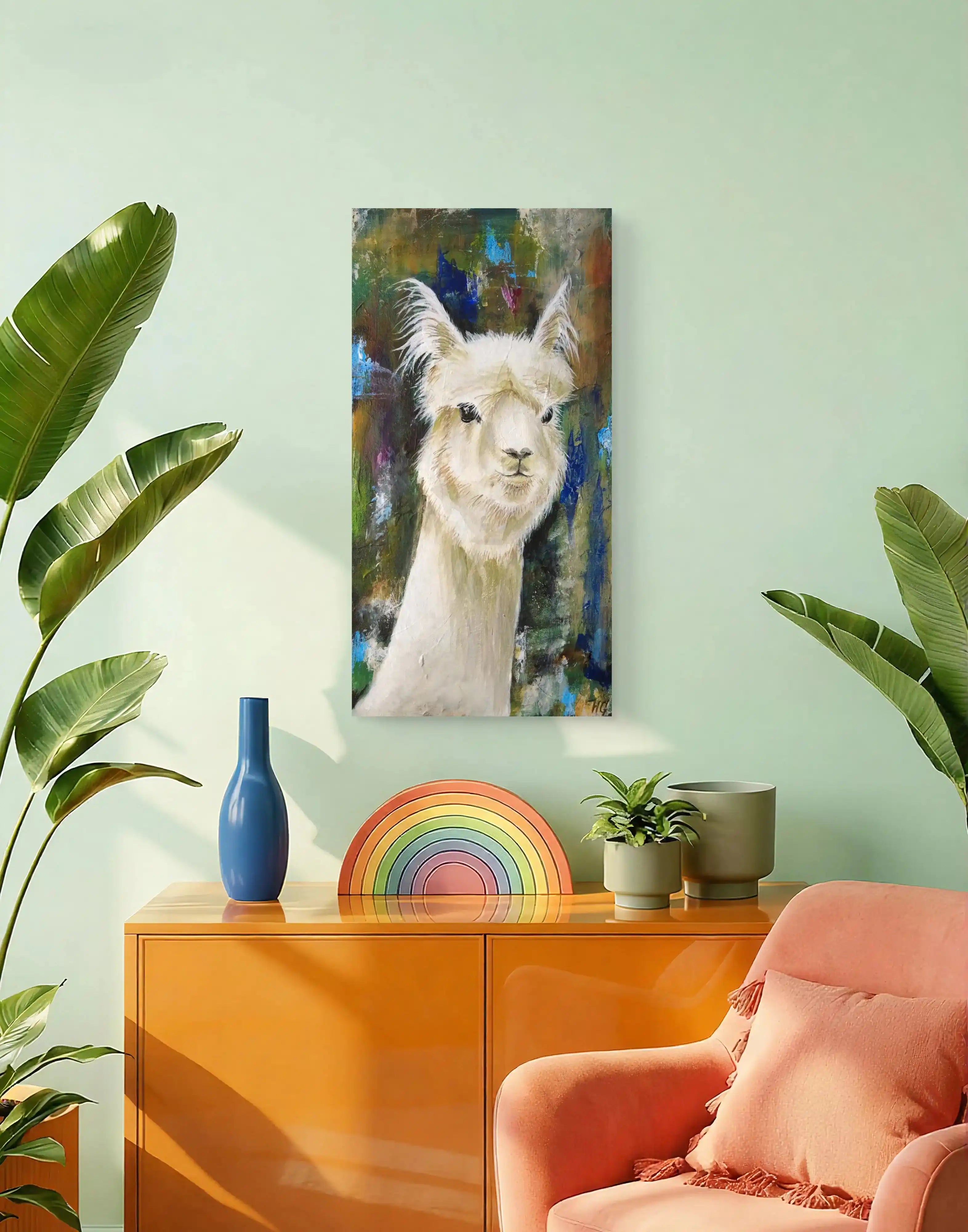 Weißes Lama Acrylbild auf Leinwand, humorvolles und selbstbewusstes Tierportrait für Wohnzimmer.
