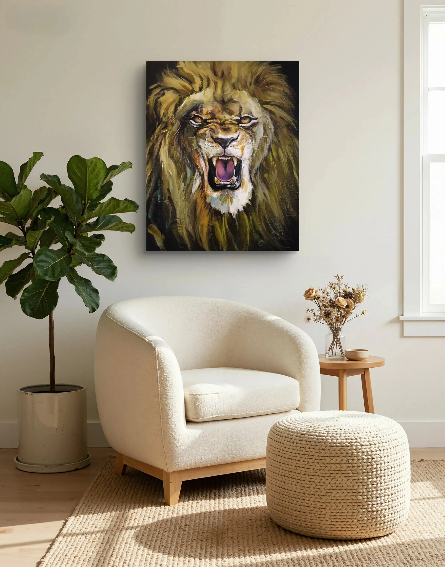 Löwe Acrylbild auf Leinwand, kraftvolles handgemaltes Tierportrait für Wohnzimmer oder Büro.