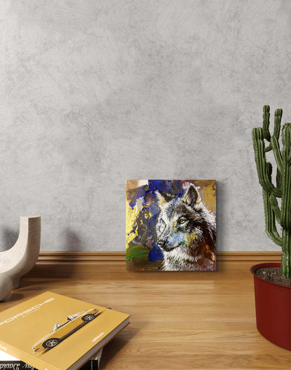 Wolf Acrylbild auf Leinwand mit explosiven Farben, kraftvolles handgemaltes Tierportrait für moderne Räume.