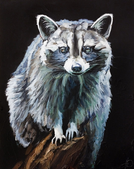 Handgemaltes Waschbär Acrylgemälde 40×50 cm – Tier auf Ast, schwarzer Grund, Spachteltechnik