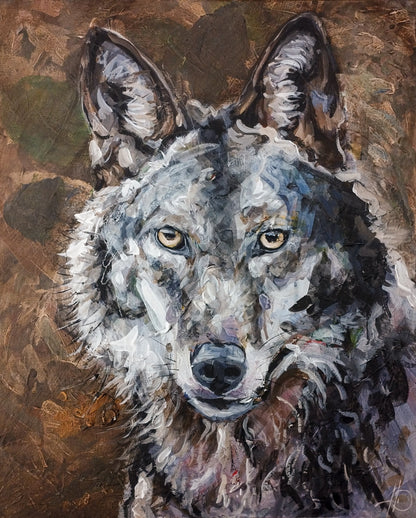 Handgemaltes Wolf Acrylgemälde 40×50 cm – goldene Augen, Spachteltechnik, dunkelgrauer Grund