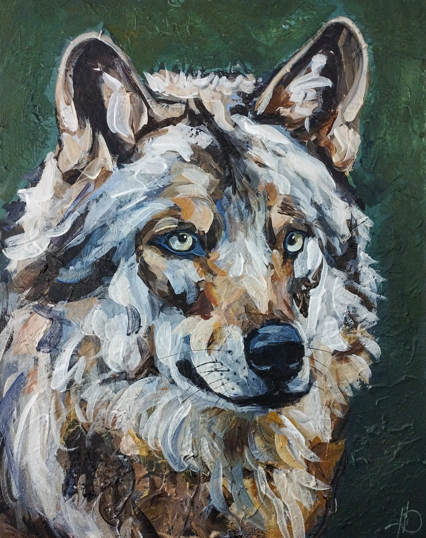 Handgemaltes Wolf Acrylgemälde 40×50 cm – weißes Fell vor Waldgrün, blau-grüne Augen