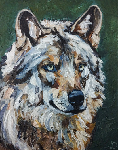 Handgemaltes Wolf Acrylgemälde 40×50 cm – weißes Fell vor Waldgrün, blau-grüne Augen
