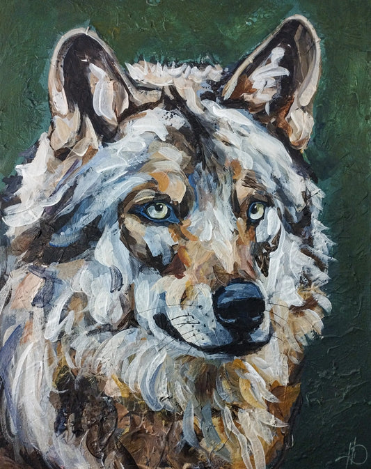 Handgemaltes Wolf Acrylgemälde 40×50 cm – weißes Fell vor Waldgrün, blau-grüne Augen