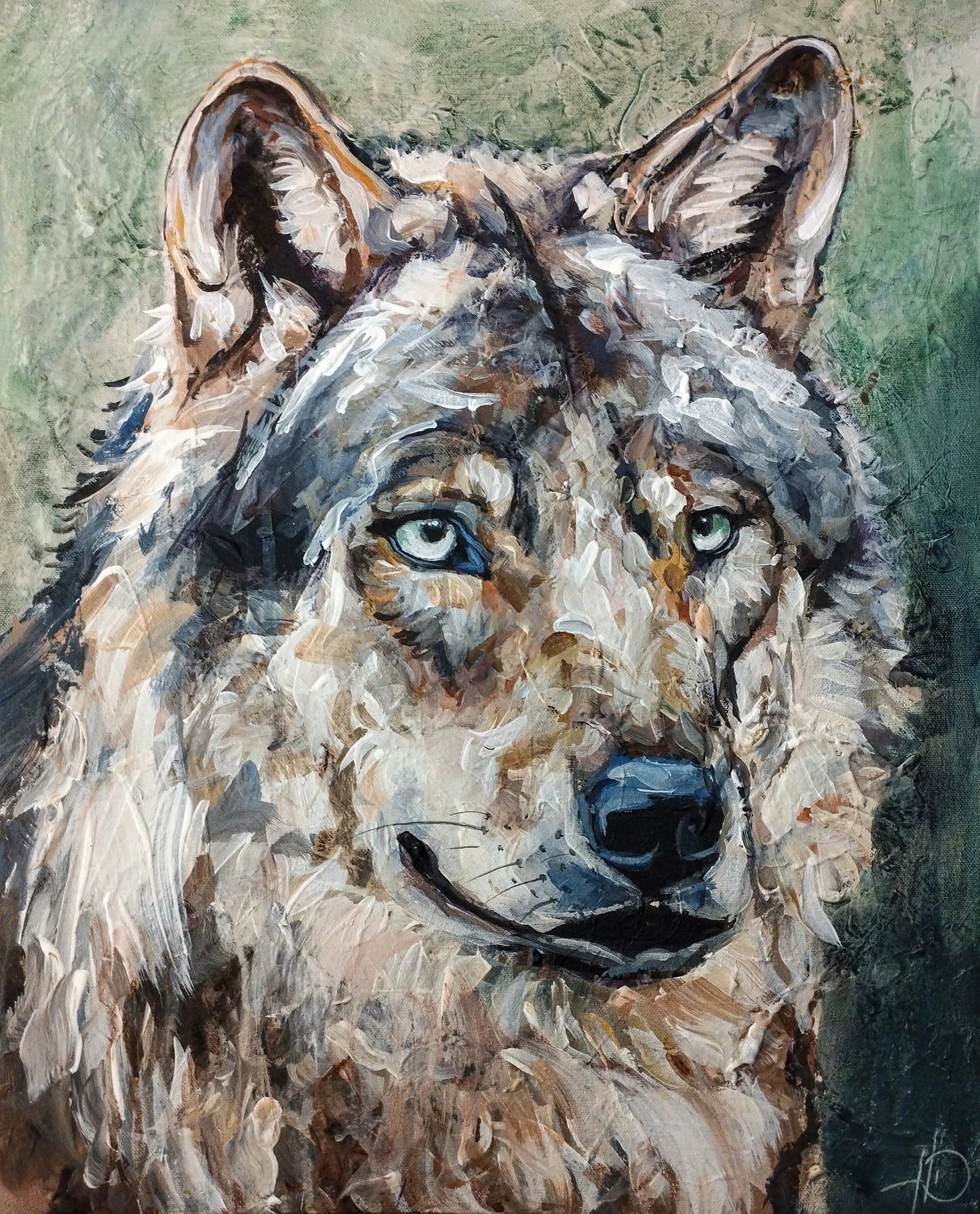 Handgemaltes Wolf Acrylgemälde 40×50 cm – helles Fell, türkis-grüne Augen, graugrüner Grund