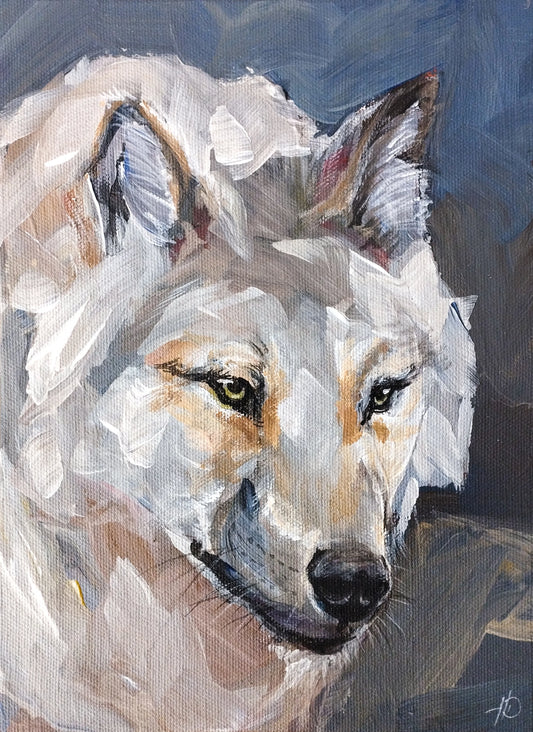 Handgemaltes Wolf Acrylgemälde 18×24 cm – weißes Fell, gelb-grüne Augen, arktische Stimmung