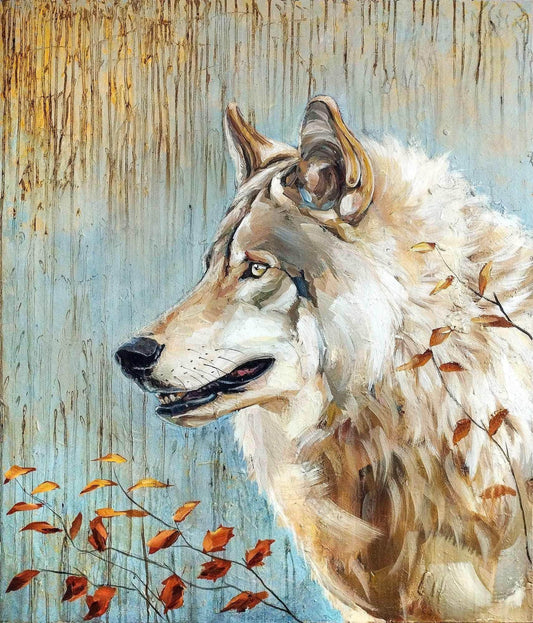 Heinz Acrylbild Gemälde goldener Wolf – handgemaltes Original Acrylbild (112 x 95 cm)