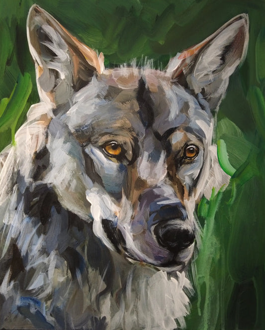 Ruhiger Wolf Acrylbild auf Leinwand, geduldiger Blick, Tierportrait für Wohnzimmer oder Büro