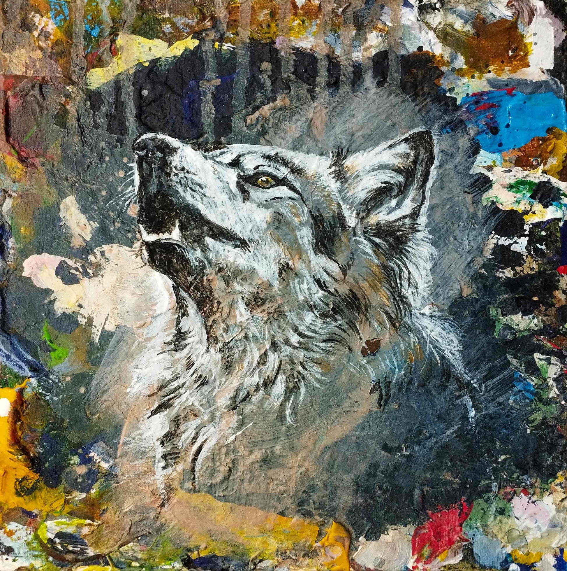 Heinz Acrylbild Wandbild heulender Wolf Acryl auf Leinwand (24 x 22 cm)