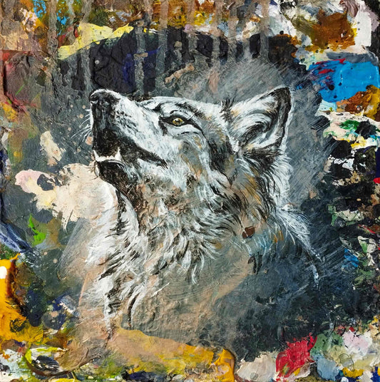 Gemälde heulender Wolf – handgemaltes Original Acrylbild (24 x 22 cm)
