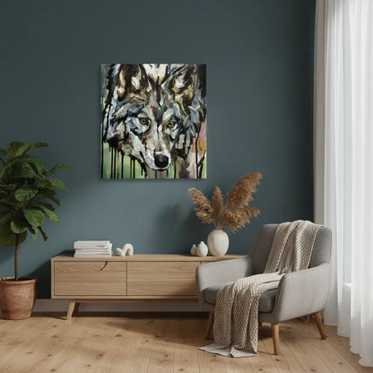 Acrylgemälde Wolf über hellem Holz-Sideboard im Wohnzimmer mit Sessel.