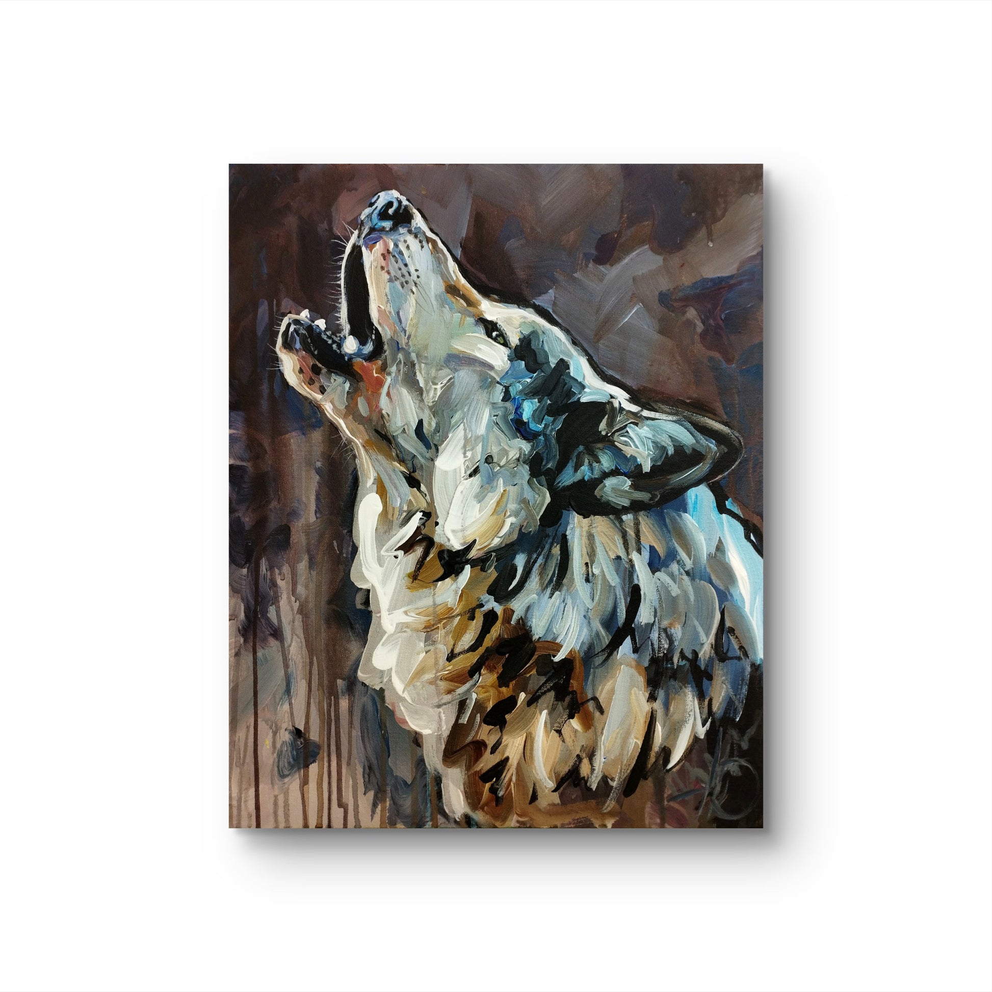 Acrylgemälde heulender Wolf, expressive Malweise mit blauen und braunen pastosen Pinselstrichen auf Leinwand.
